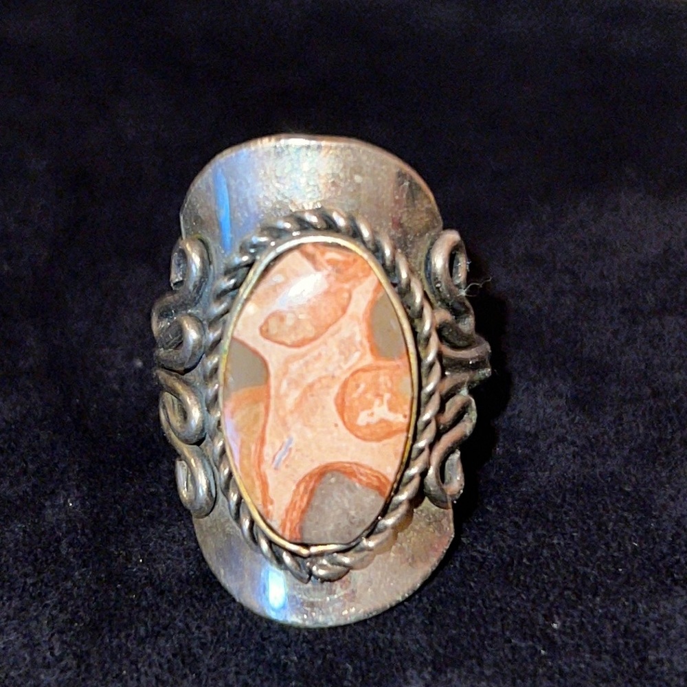 Handmade Sterling Silver brown marble stone ring unmarked size 9.5